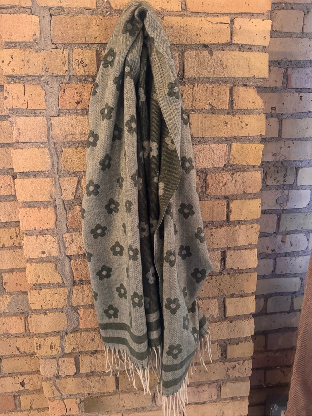 Source Unknown Olive Green Floral Fringe Scarf Wrap